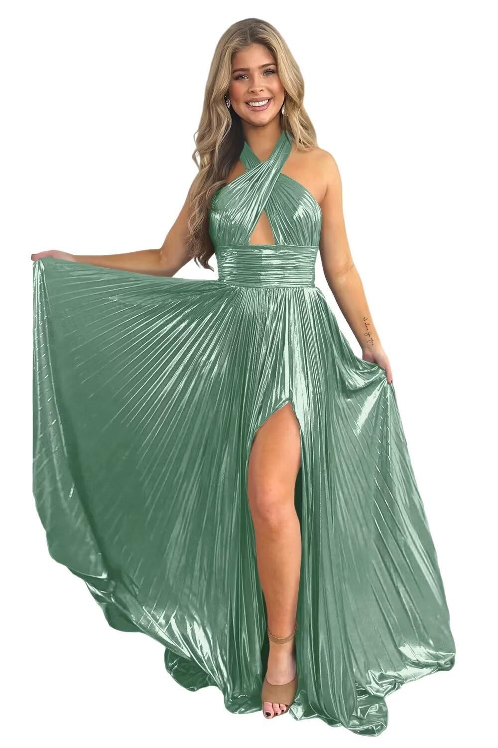 Halter Sleeveless A-Line/Princess Floor-length Formal Evening Dresses with Side Split