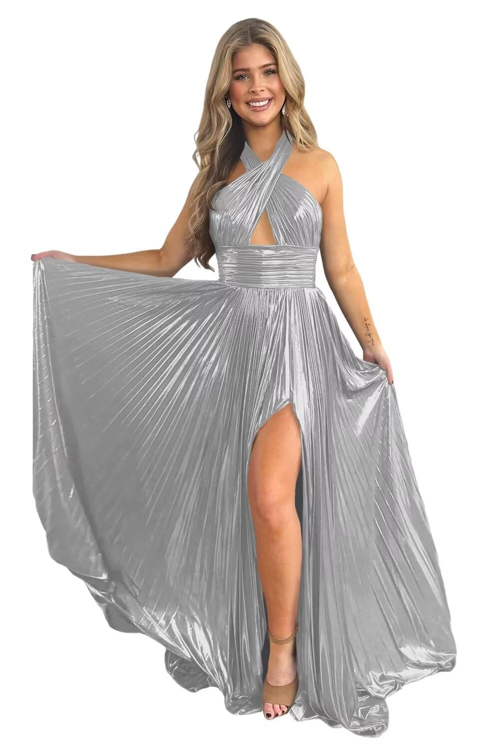 Halter Sleeveless A-Line/Princess Floor-length Formal Evening Dresses with Side Split