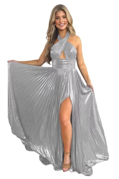 Halter Sleeveless A-Line/Princess Floor-length Formal Evening Dresses with Side Split