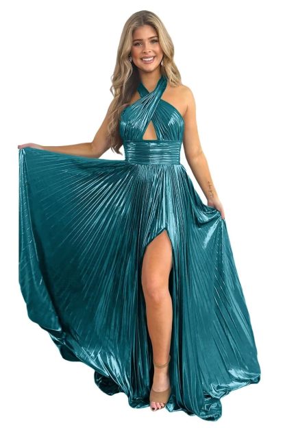 Halter Sleeveless A-Line/Princess Floor-length Formal Evening Dresses with Side Split