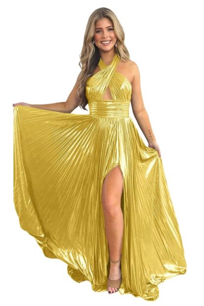 Halter Sleeveless A-Line/Princess Floor-length Formal Evening Dresses with Side Split