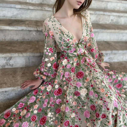 V-Neck Floral A-Line Princess Party Dresses with Long Sleeves