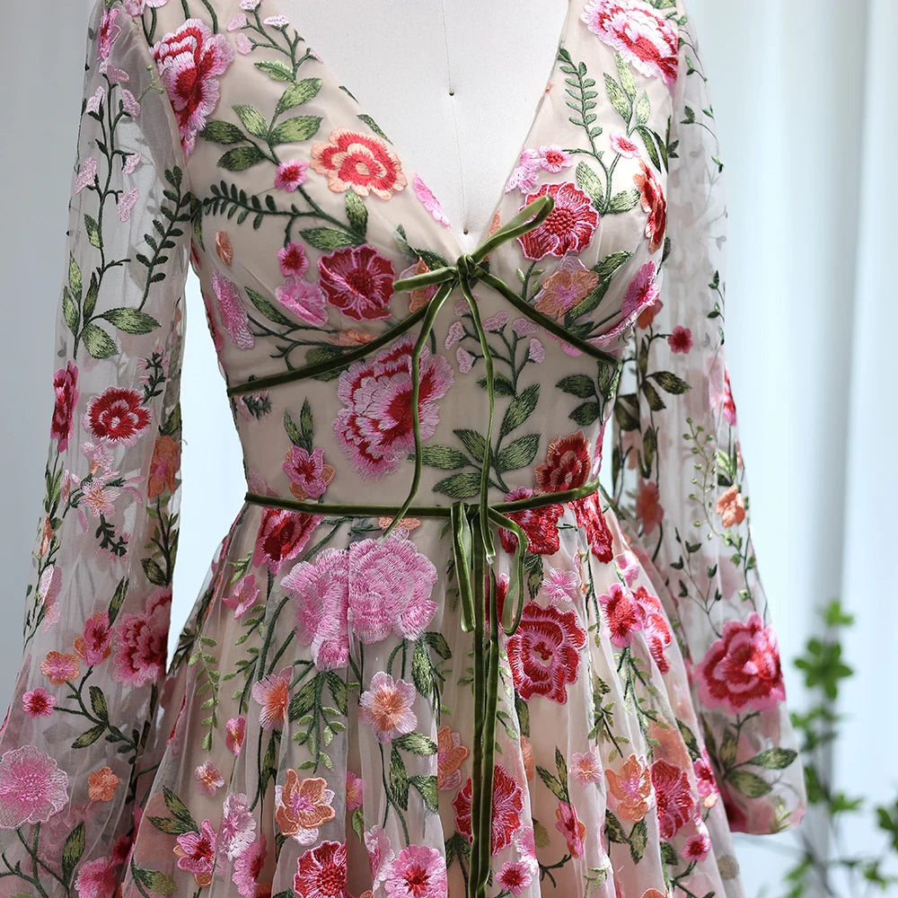 V-Neck Floral A-Line Princess Party Dresses with Long Sleeves