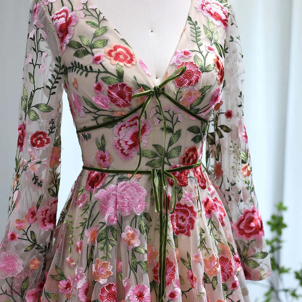 V-Neck Floral A-Line Princess Party Dresses with Long Sleeves