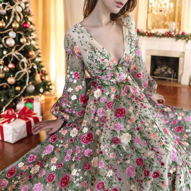 V-Neck Floral A-Line Princess Party Dresses with Long Sleeves