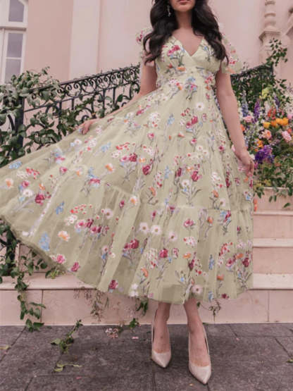 V-Neck Floral A-Line Party Dress With Short Sleeves
