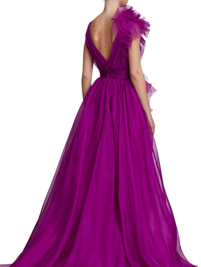 V-neck sleeveless A-line princess floor-length formal evening gown with side slit