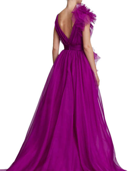 V-neck sleeveless A-line princess floor-length formal evening gown with side slit