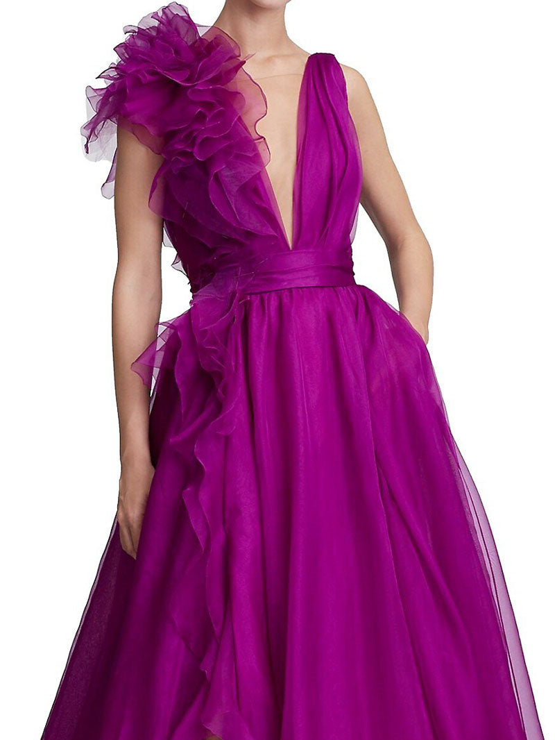 V-neck sleeveless A-line princess floor-length formal evening gown with side slit