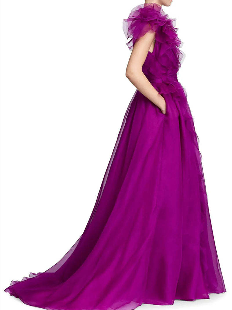 V-neck sleeveless A-line princess floor-length formal evening gown with side slit