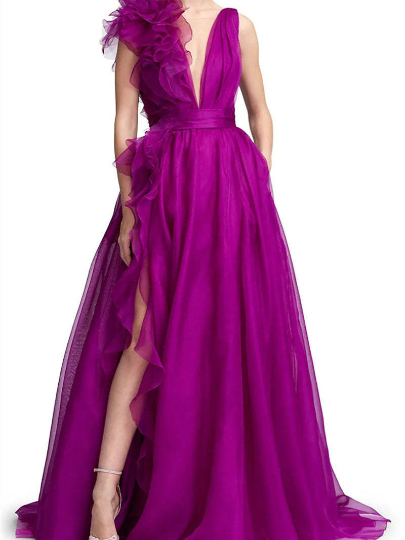 V-neck sleeveless A-line princess floor-length formal evening gown with side slit