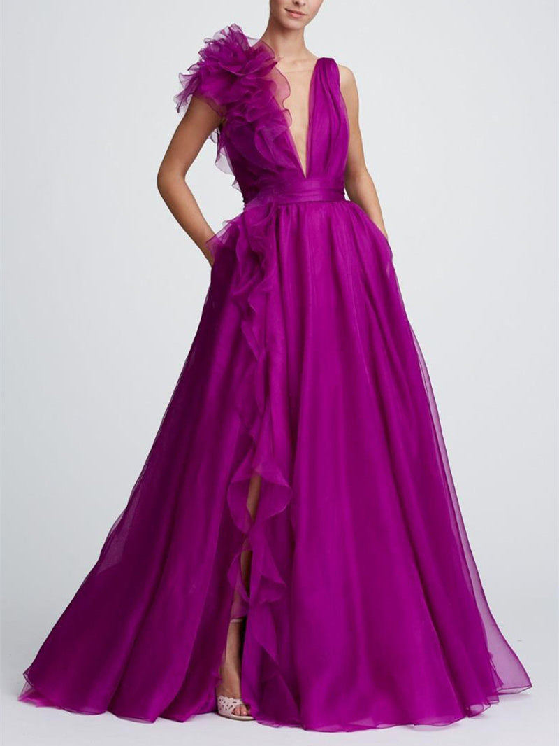 V-neck sleeveless A-line princess floor-length formal evening gown with side slit