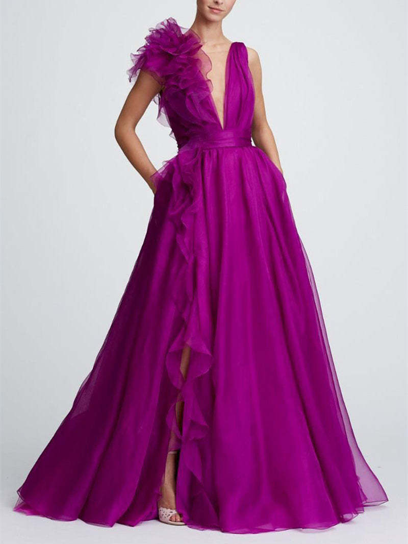 V-neck sleeveless A-line princess floor-length formal evening gown with side slit
