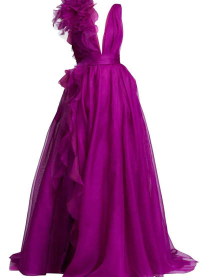 V-neck sleeveless A-line princess floor-length formal evening gown with side slit