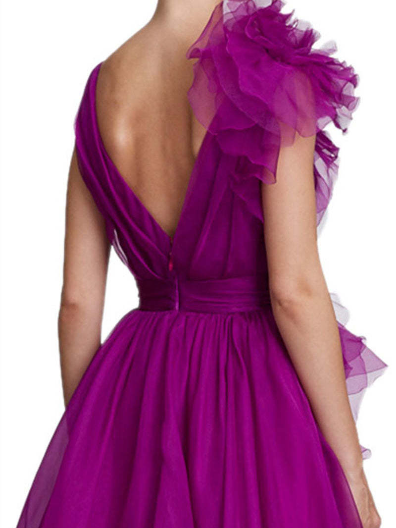 V-neck sleeveless A-line princess floor-length formal evening gown with side slit