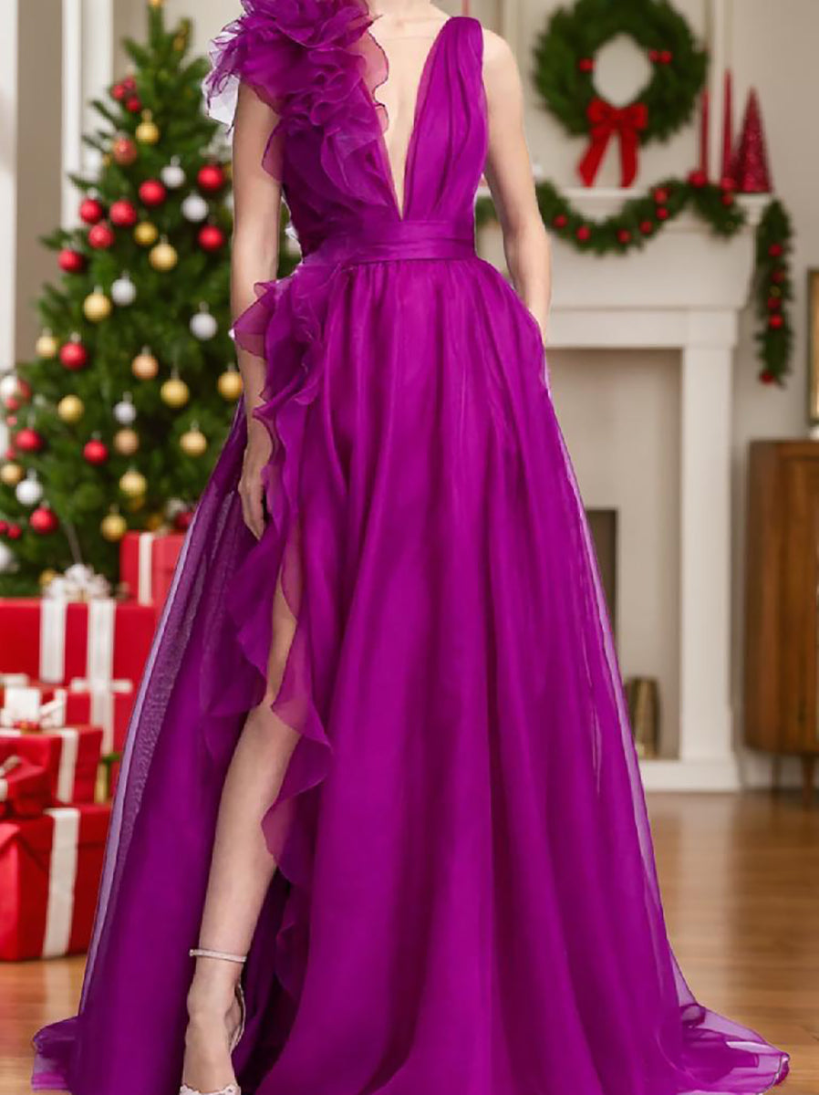 V-neck sleeveless A-line princess floor-length formal evening gown with side slit