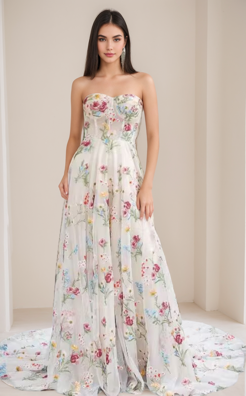 Sweetheart Strapless Floor-Length A-Line Princess Dress with Floral Embroidery