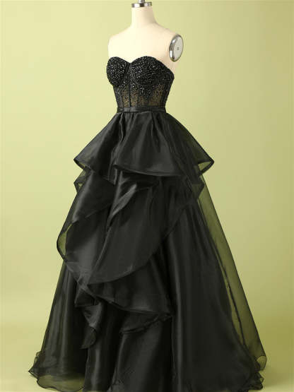 Evening Gown with Beaded Strapless Sleeveless Floor-Length Design