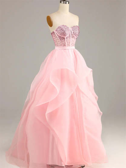 Evening Gown with Beaded Strapless Sleeveless Floor-Length Design