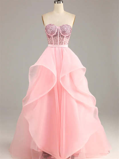 Evening Gown with Beaded Strapless Sleeveless Floor-Length Design