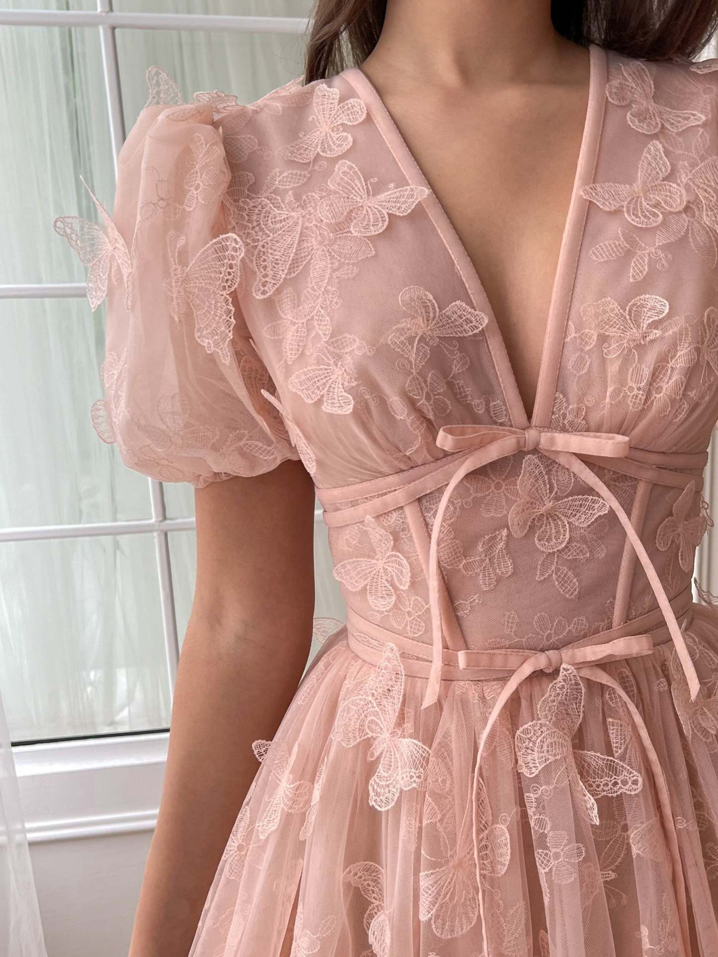 V-neck Princess A-Line Floor-length Formal Prom Dresses with Flower Short Sleeves