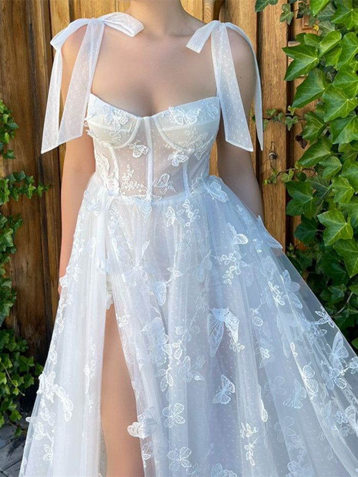 Princess A-Line Floor-Length Strapless Prom Dress with Bow Knot and Butterfly