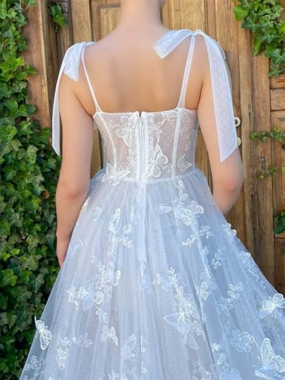 Princess A-Line Floor-Length Strapless Prom Dress with Bow Knot and Butterfly