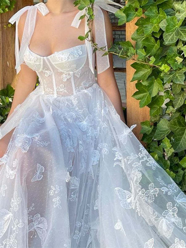 Princess A-Line Floor-Length Strapless Prom Dress with Bow Knot and Butterfly