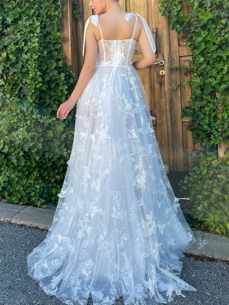 Princess A-Line Floor-Length Strapless Prom Dress with Bow Knot and Butterfly