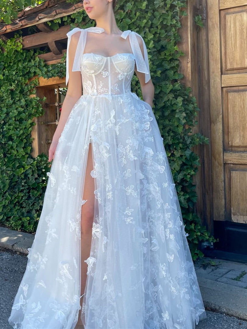 Princess A-Line Floor-Length Strapless Prom Dress with Bow Knot and Butterfly