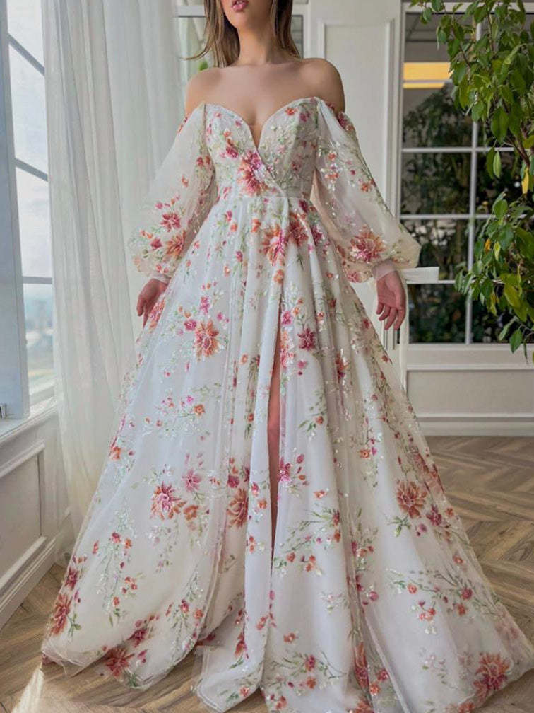 Sweetheart Princess A-Line Floor-Length Prom Dresses with Long Sleeves and Embroidery