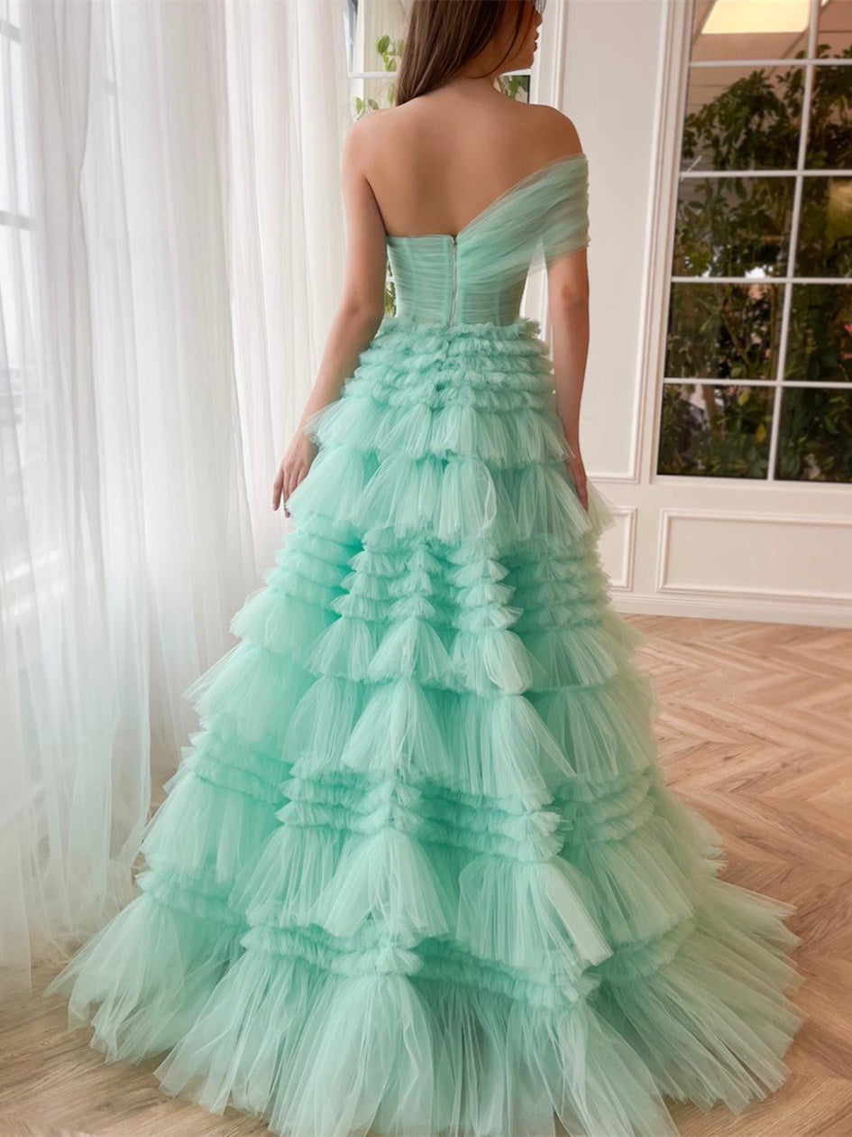 One-Shoulder Pleated Floor-Length A-Line Prom Dress