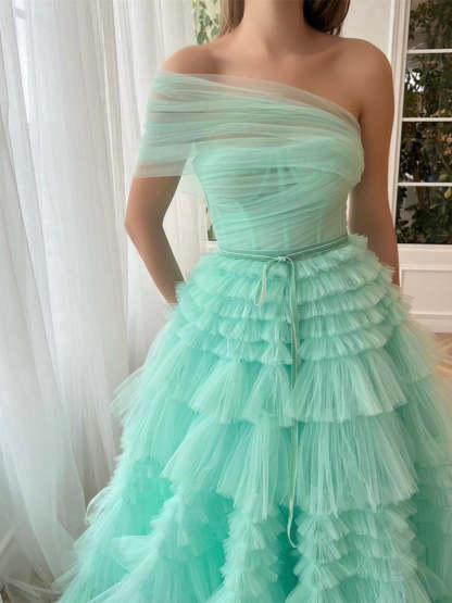 One-Shoulder Pleated Floor-Length A-Line Prom Dress