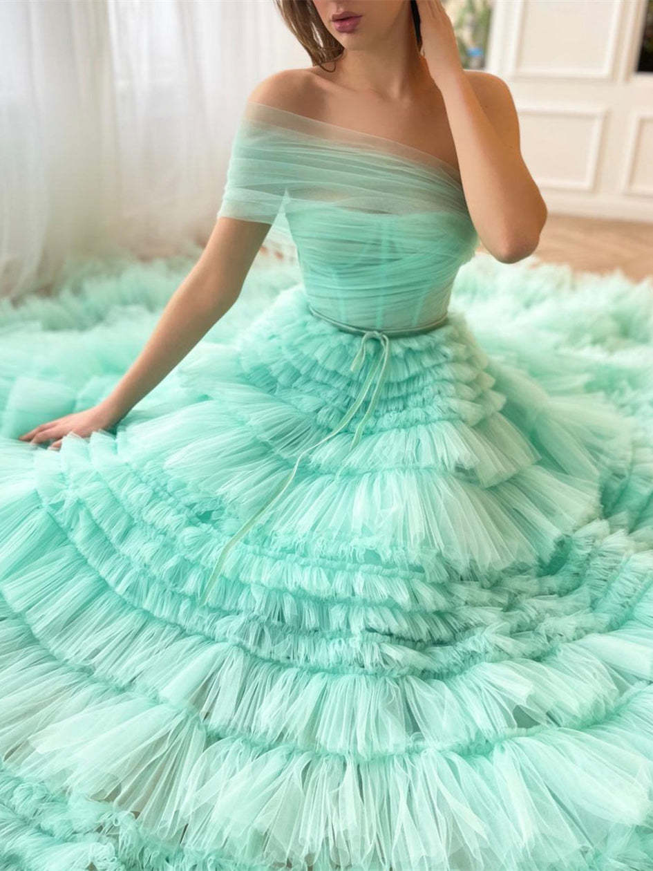 One-Shoulder Pleated Floor-Length A-Line Prom Dress