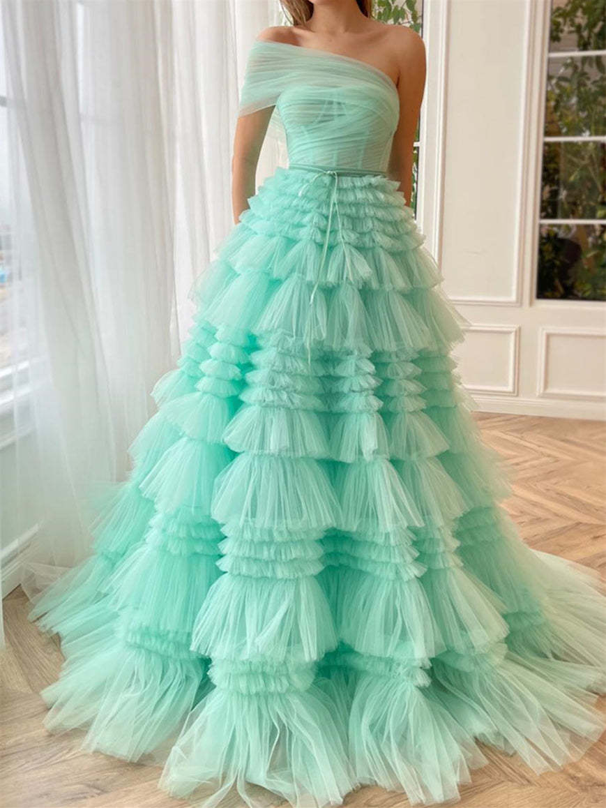 One-Shoulder Pleated Floor-Length A-Line Prom Dress