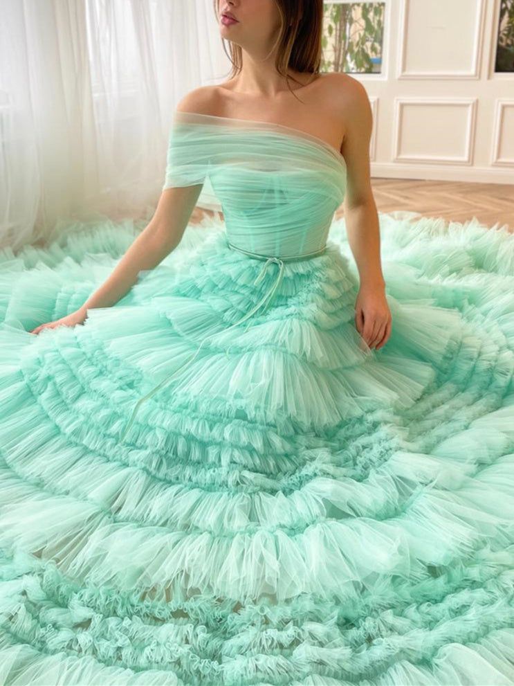 One-Shoulder Pleated Floor-Length A-Line Prom Dress