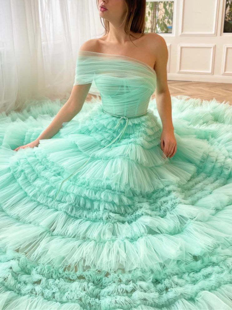 One-Shoulder Pleated Floor-Length A-Line Prom Dress