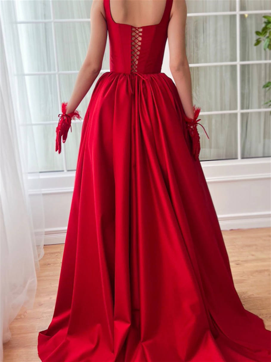 Princess A-Line Floor-Length Prom Dress with Square Neck and Spaghetti Straps