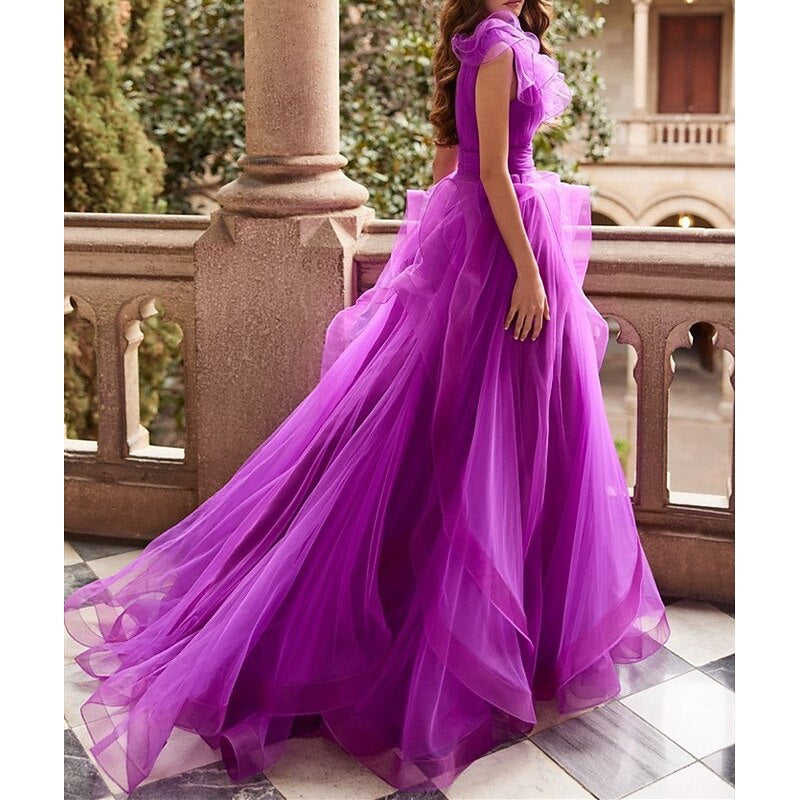 V-Neck Sleeveless A-Line Princess Floor-Length Prom Dresses with Ruffles