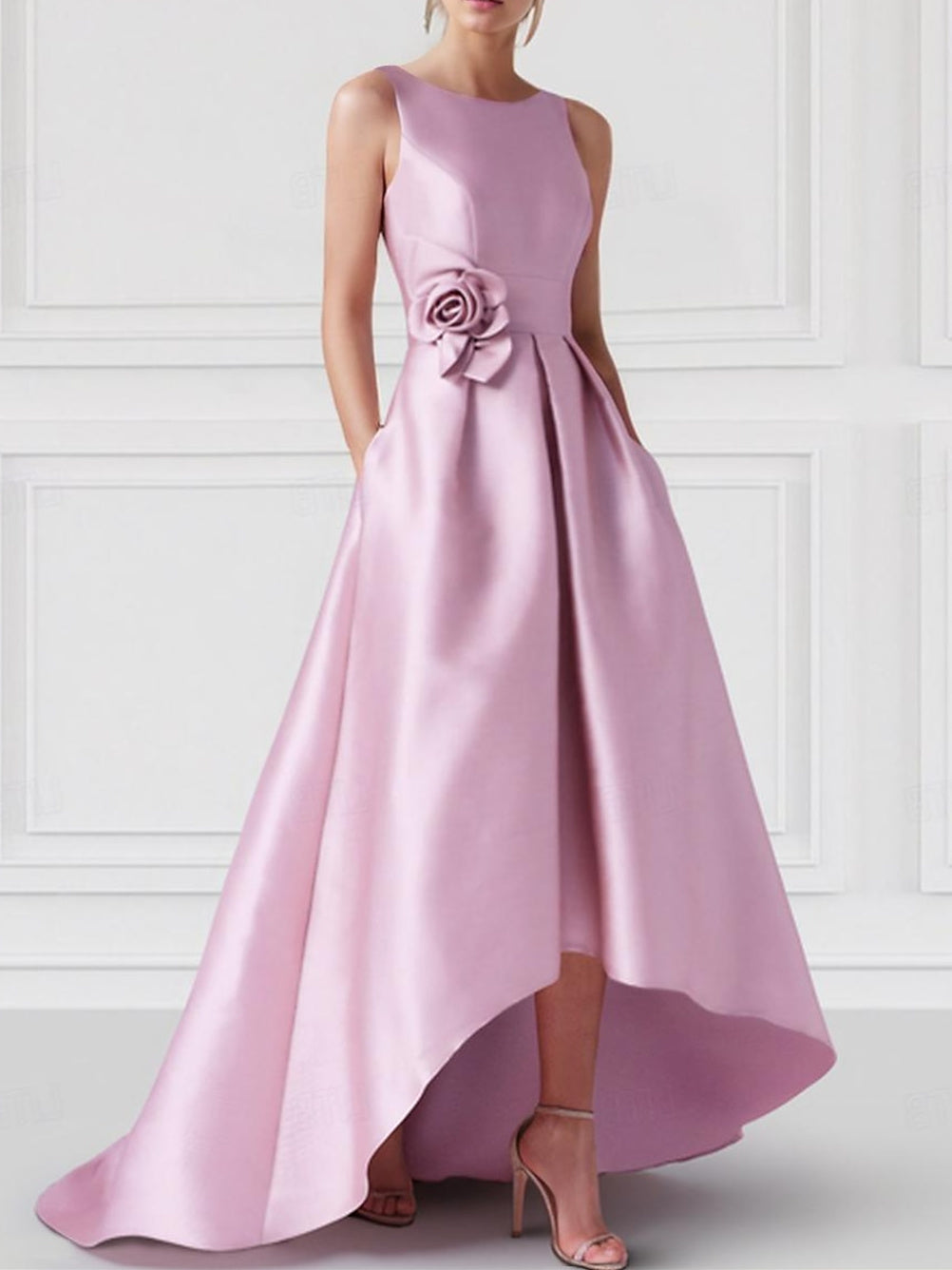 Princess A-Line Sleeveless Floor-Length Prom Dress with Boat Neck and Pocket