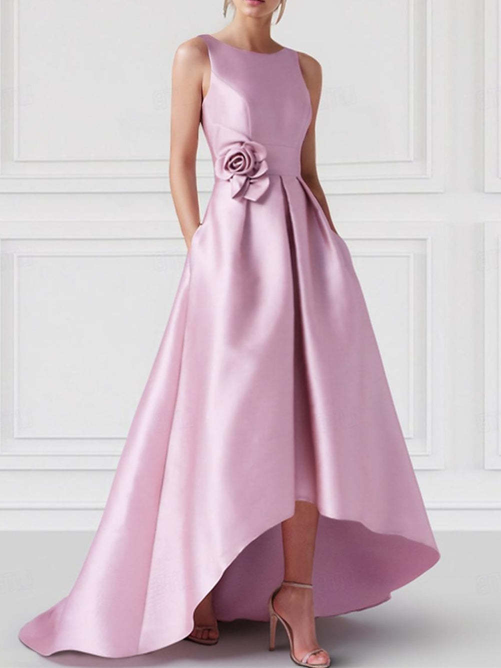 Princess A-Line Sleeveless Floor-Length Prom Dress with Boat Neck and Pocket