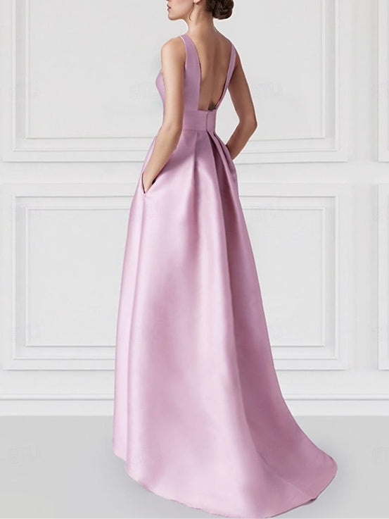 Princess A-Line Sleeveless Floor-Length Prom Dress with Boat Neck and Pocket