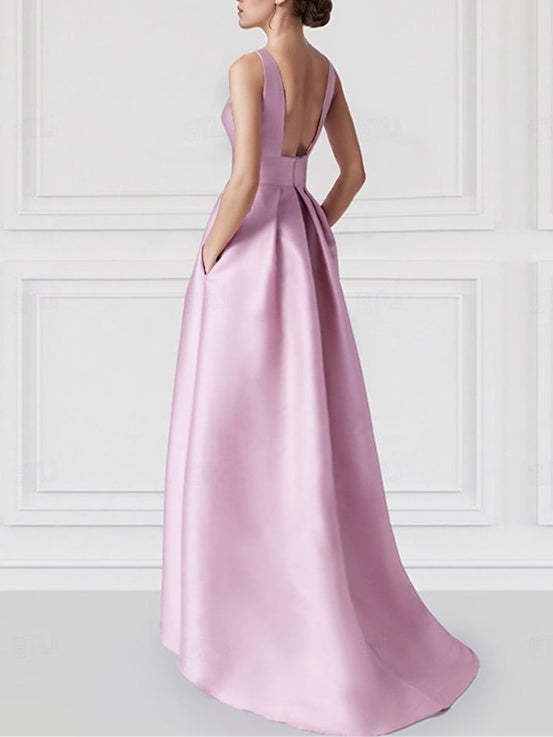 Princess A-Line Sleeveless Floor-Length Prom Dress with Boat Neck and Pocket