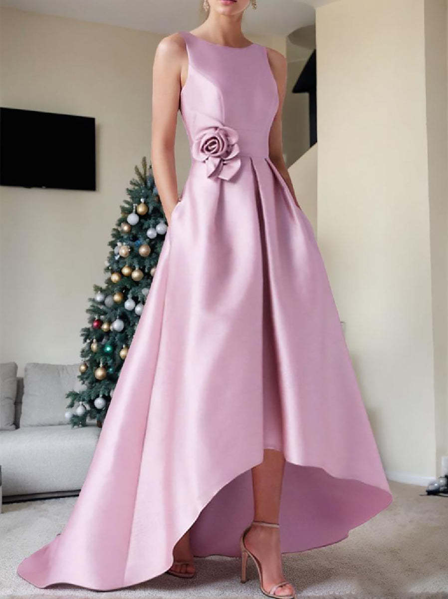 Princess A-Line Sleeveless Floor-Length Prom Dress with Boat Neck and Pocket