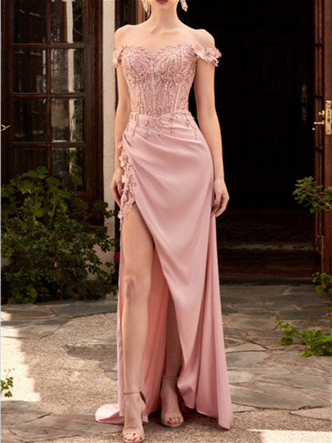 Sweetheart Off-the-Shoulder A-Line Princess Prom Dresses with Lace Embroidery Floor-Length