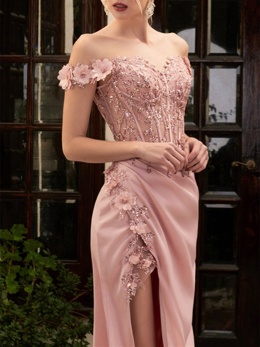 Sweetheart Off-the-Shoulder A-Line Princess Prom Dresses with Lace Embroidery Floor-Length
