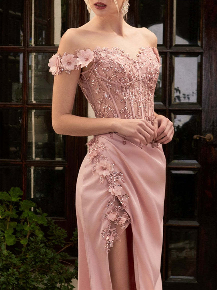 Sweetheart Off-the-Shoulder A-Line Princess Prom Dresses with Lace Embroidery Floor-Length
