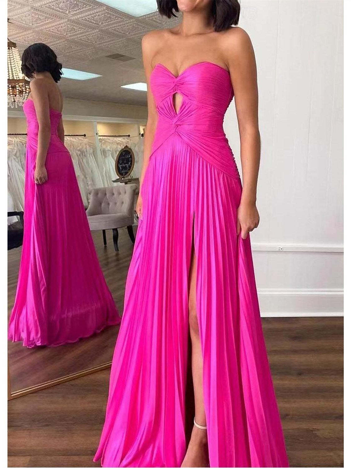 Strapless Sleeveless A-Line Prom Dresses with Princess Pleats and Ruched Details