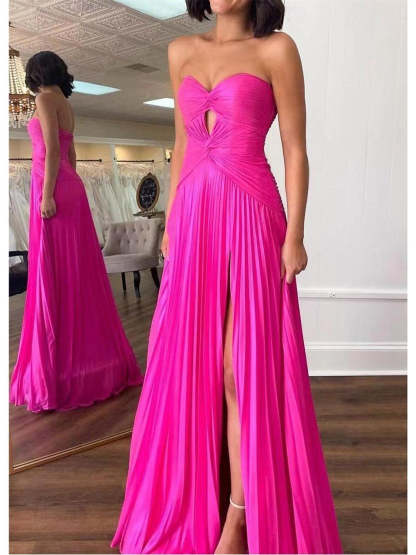 Strapless Sleeveless A-Line Prom Dresses with Princess Pleats and Ruched Details