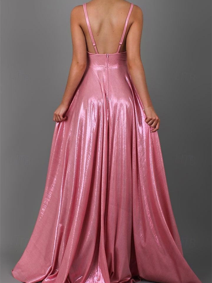 Floor-Length Sleeveless V-Neck A-Line Prom Dress with Pleats